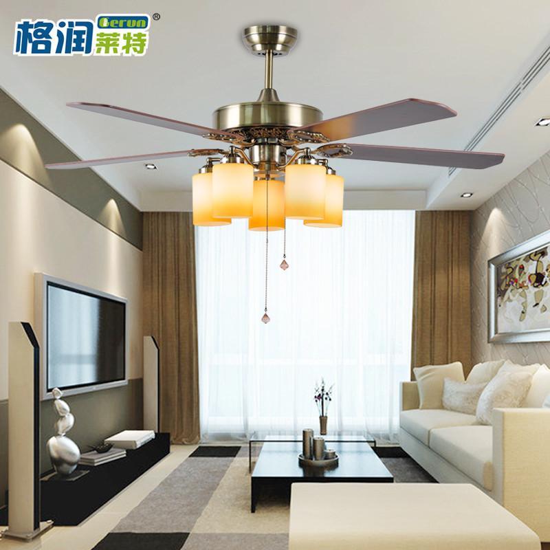 格润莱特 欧式吊扇灯 壁控开关静音风扇灯52寸木叶 可配LED光源客厅卧室餐厅灯118G 壁控款茶色灯罩