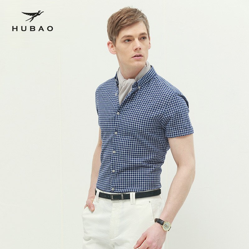 虎豹男装2015夏季商务休闲中格棉麻水洗修身版短袖衬衫h29x15552 格兰