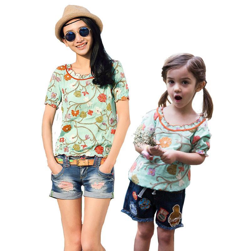 裂帛童装亲子 圆领贴布绣雪纺蕾丝短袖衫女66140176 花色 110