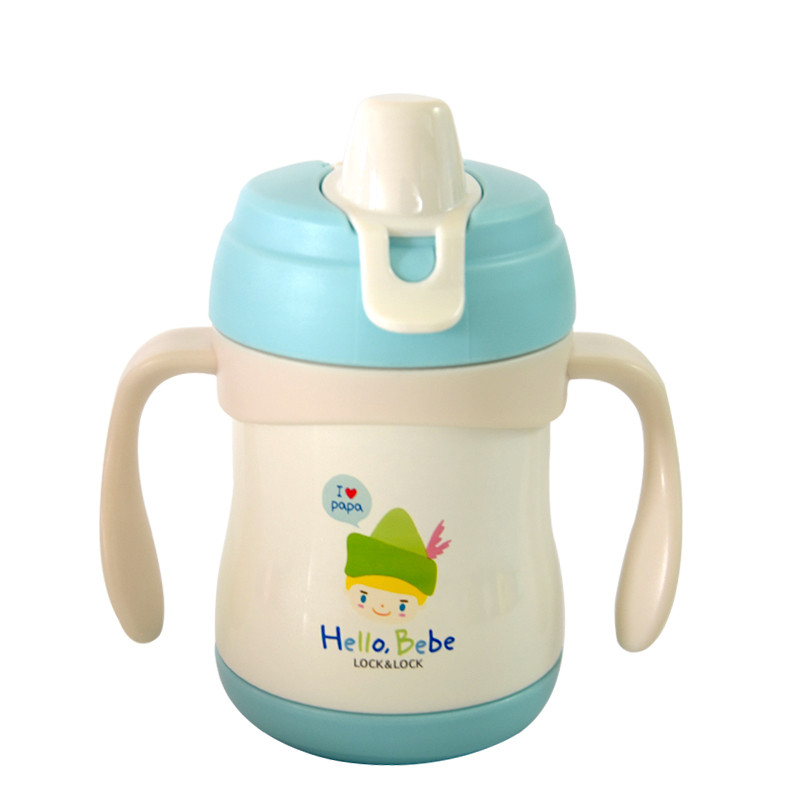 乐扣乐扣Hello Bebe宝宝鸭嘴学饮杯带手柄不锈钢真空保温杯220ML（蓝色）韩国正品