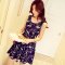 苏醒的乐园雪纺连衣裙夏装2015新款韩版女装印花无袖连衣裙 藏蓝色花纹 XXL