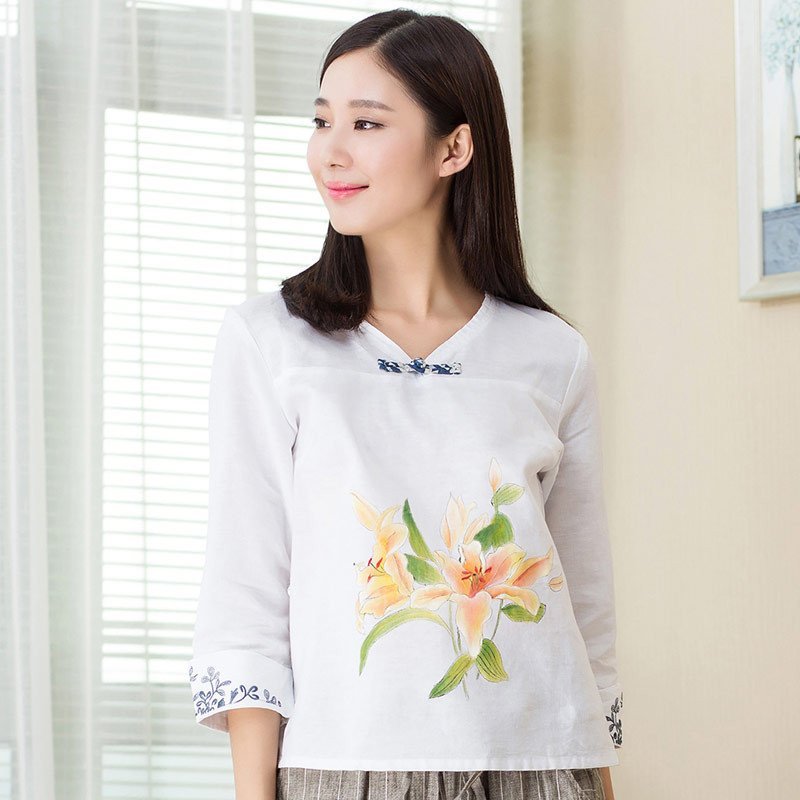 俏艺 2015秋装 白色七分袖花朵棉麻民族风衬衫女上衣 3389 XL 白色