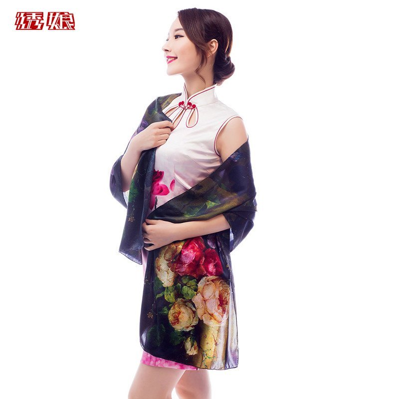 绣娘高档数码艺术长巾女士真丝围巾旗袍春秋披肩中国风禅意设计 深青-1