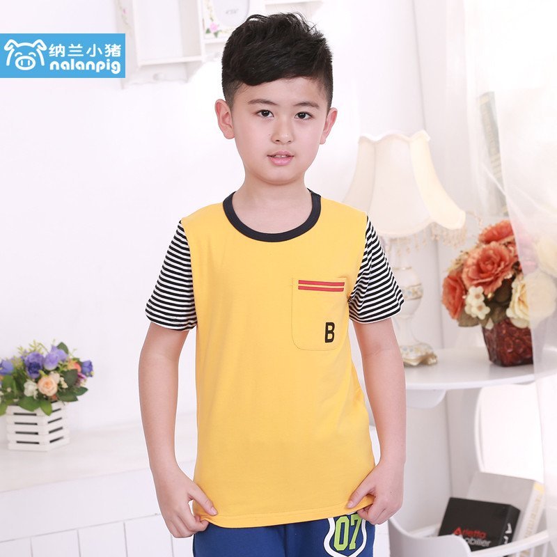 纳兰小猪童装2015男童韩版短袖T恤 110-160 130cm 黄黑拼接短袖