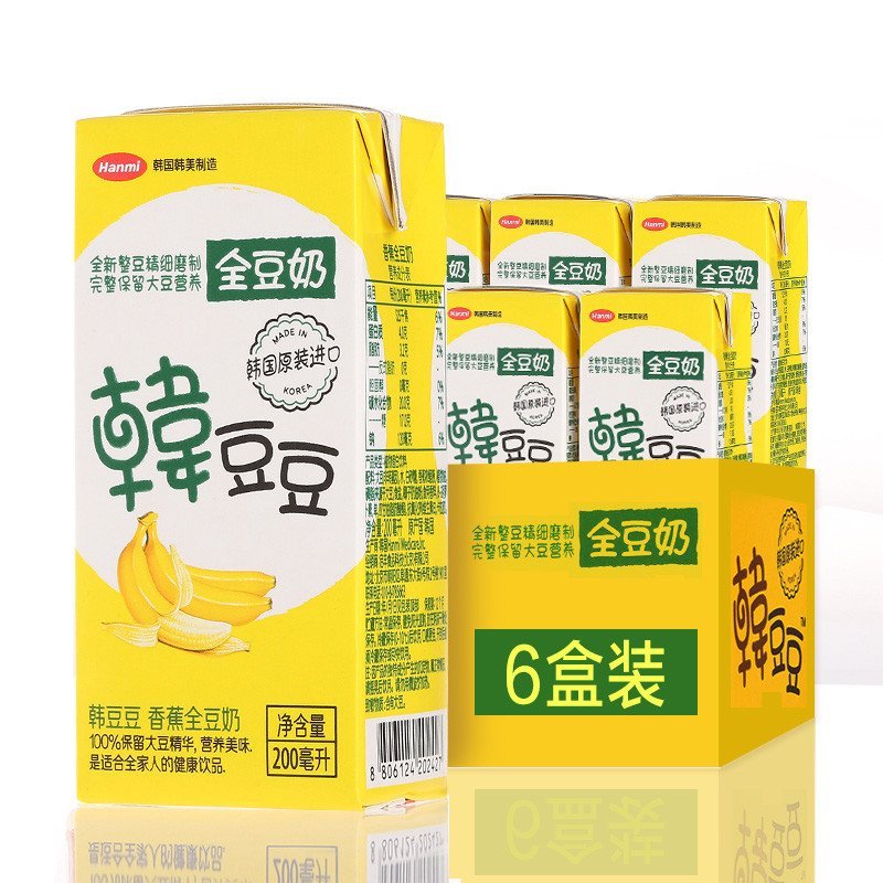 韩国原装进口早餐豆奶 韩豆豆全豆奶香蕉口味 即饮豆浆饮料植物蛋白饮品 整颗大豆研磨 整箱 香蕉口味200ml*6盒