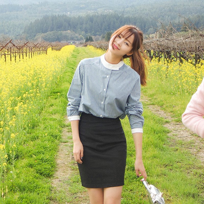 雅泊妮209新品秋复古小立领薄衬衣小清新田园长袖条纹衬衫女潮 L 蓝色