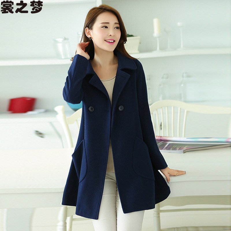 裳之梦2015秋装新款韩版女装修身中长款毛呢风衣外套女9525 XXL 藏青色