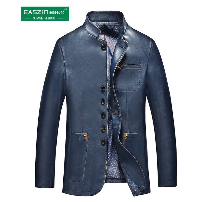 EASZin 2015秋冬新款皮衣男士中长款立领中国风皮大衣单排扣外套 L 蓝色