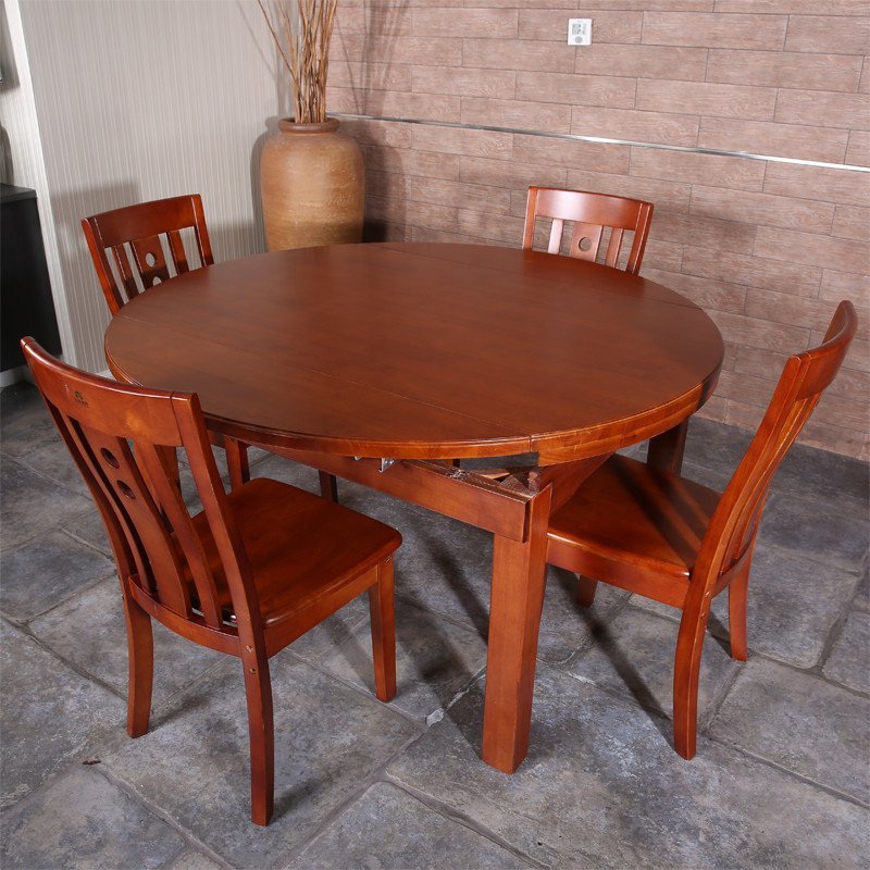 乐庭家具 餐桌 实木餐桌 餐桌椅组合套装 伸缩折叠橡胶木餐桌 椭圆变圆形 餐桌 一桌六椅