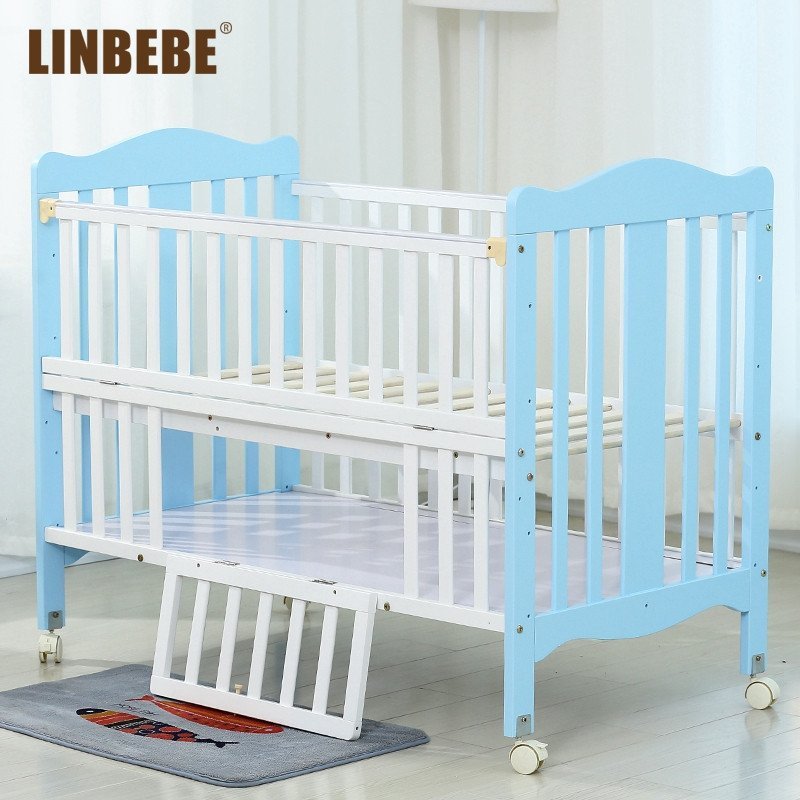霖贝儿(LINBEBE)西迪布赛系列多功能婴儿床欧式bb床可拼接大床游戏床可变书桌松木床高度可调储物摇篮床宝宝床含床垫 蓝色+床垫 120*65