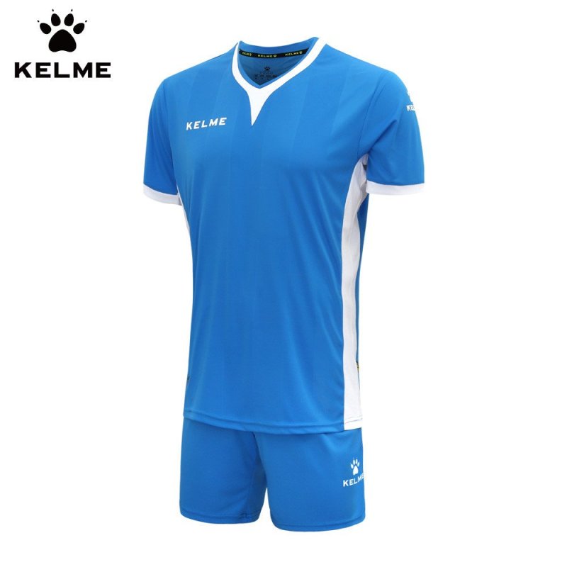 卡尔美足球服套装2015正品KELME足球衣定制套服短袖光板跑步服205 M 荧光蓝/白色