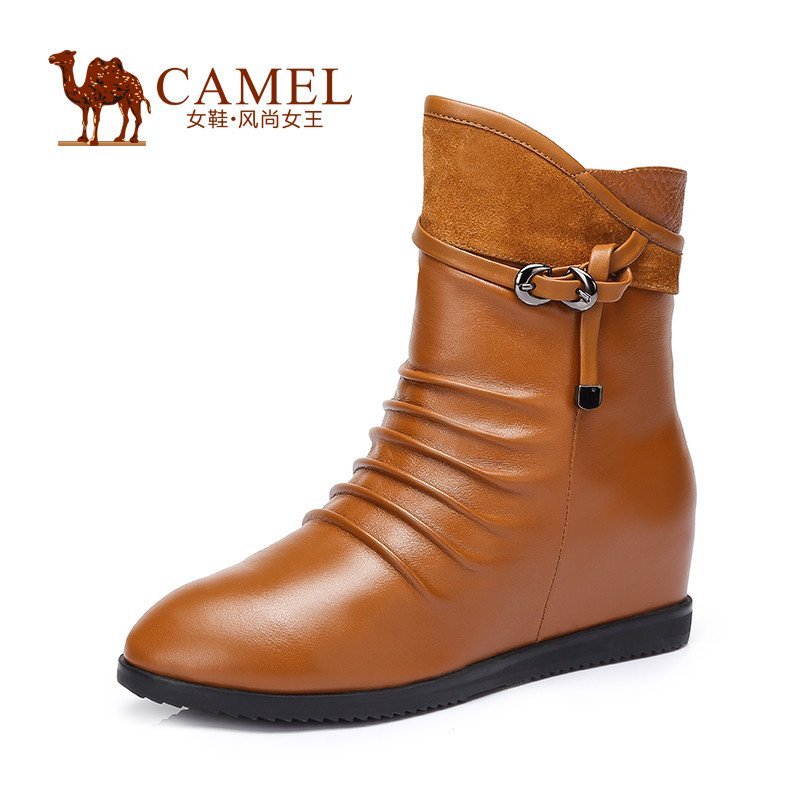 Camel骆驼女鞋 时尚舒适中筒靴 牛皮羊猄圆头内增高高跟侧拉链新款女靴 土黄 39码