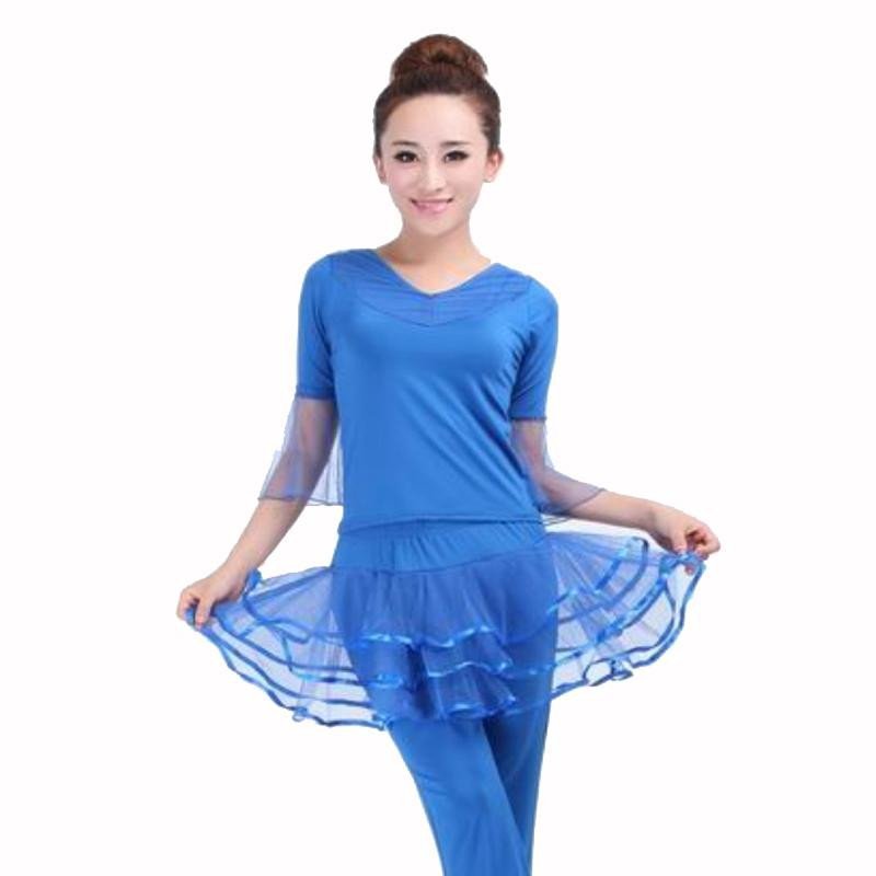 潮流成人广场舞蹈服装纱袖拉丁舞服装练功服广场舞蹈服时髦拉丁舞服装练功服广场舞蹈服 蓝色 X XXXL moren