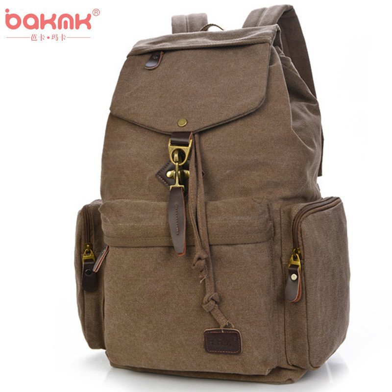 BAKMK芭卡玛卡 韩版女士复古帆布包包大容量双肩包学院风抽带背包A33 褐色