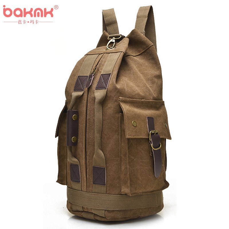 BAKMK芭卡玛卡 韩版男女款桶包复古帆布包包大容量双肩包背包时尚手提包登山包-A45 棕色