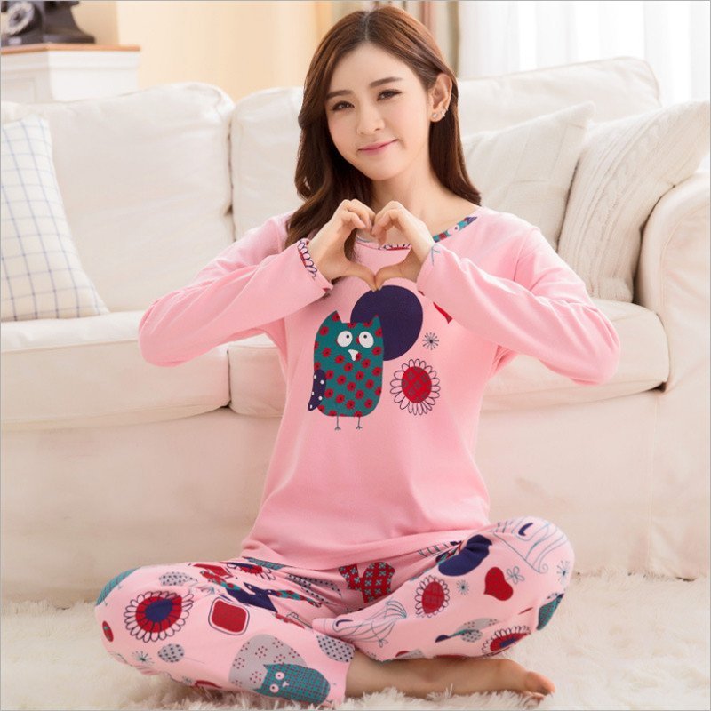 竹千华 睡衣女长袖纯棉可爱睡衣冬季韩版睡衣修身春秋长袖卡通家居服套装 L F
