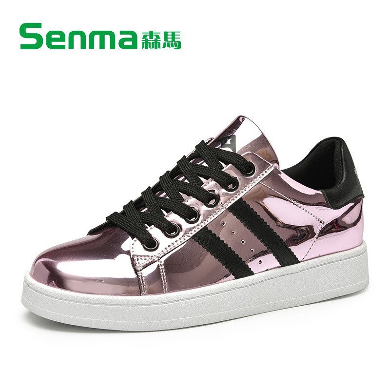 SENMA/森马2016春季新品纯色镜面板鞋女韩版潮流休闲鞋系带圆头 亮粉色 36码
