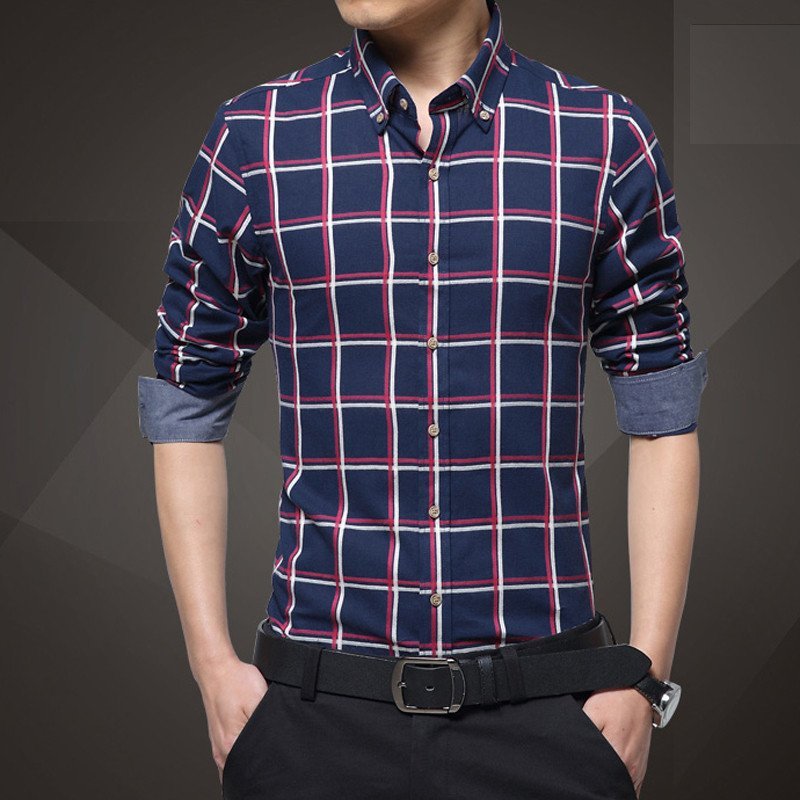 2016春季新款韩版潮修身型格子休闲英伦青年衬衣男士长袖衬衫 衬衫1352 M 深蓝色