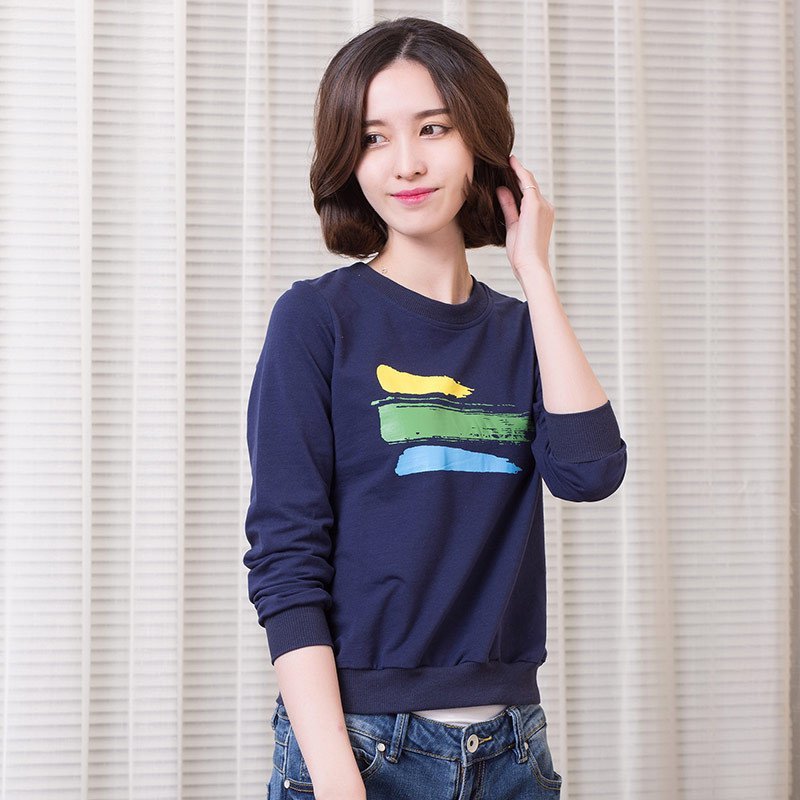 俏艺 2016春秋新款 韩版水彩条纹印花长袖修身圆领卫衣女 3488 XL 深蓝色