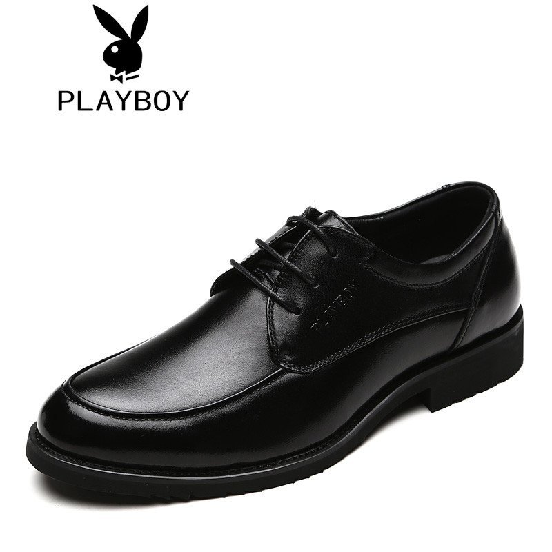 PLAYBOY/花花公子男鞋男士休闲皮鞋商务真皮牛皮秋季系带低帮鞋圆头鞋子男新品男鞋 黑色 38码