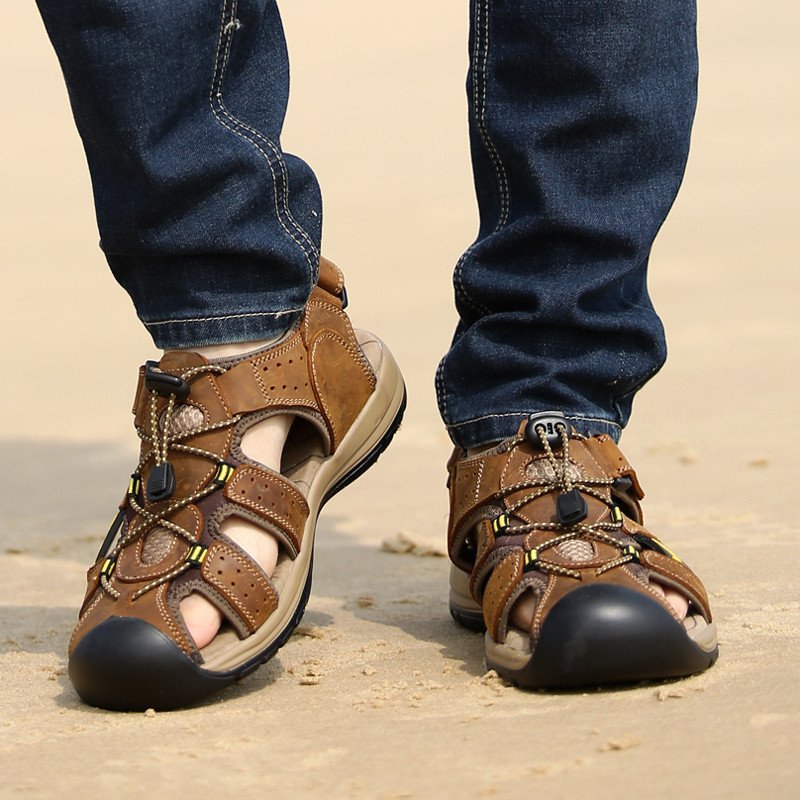 包头男士凉鞋真皮透气户外凉鞋英伦舒适休闲沙滩鞋魔术贴男鞋 棕色 44