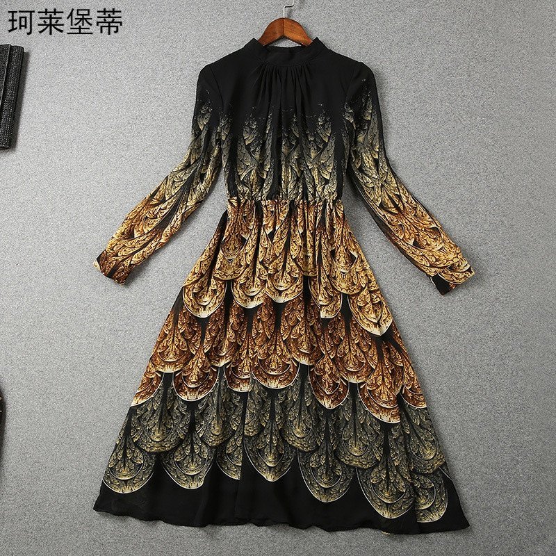 珂莱堡蒂 2016春夏新款女立领水滴图案遮肉松紧腰长款连衣裙 M 红色