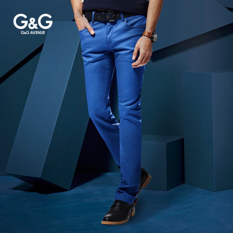G＆G男装彩色牛仔裤百搭弹力纯色男裤休闲裤男修身直筒长裤子韩版 38 蓝色