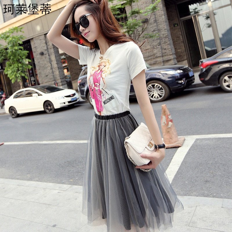 芮婕t恤2016夏装新款短袖印花t恤 网纱半身裙两件套装女装休闲套装 l
