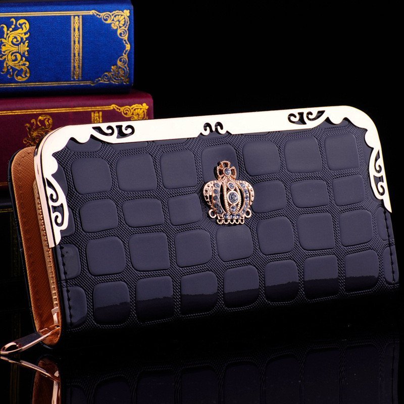 薇思黛 2016新款 女士长款钱包时尚单拉链手拿包格纹漆皮休闲钱夹 黑色