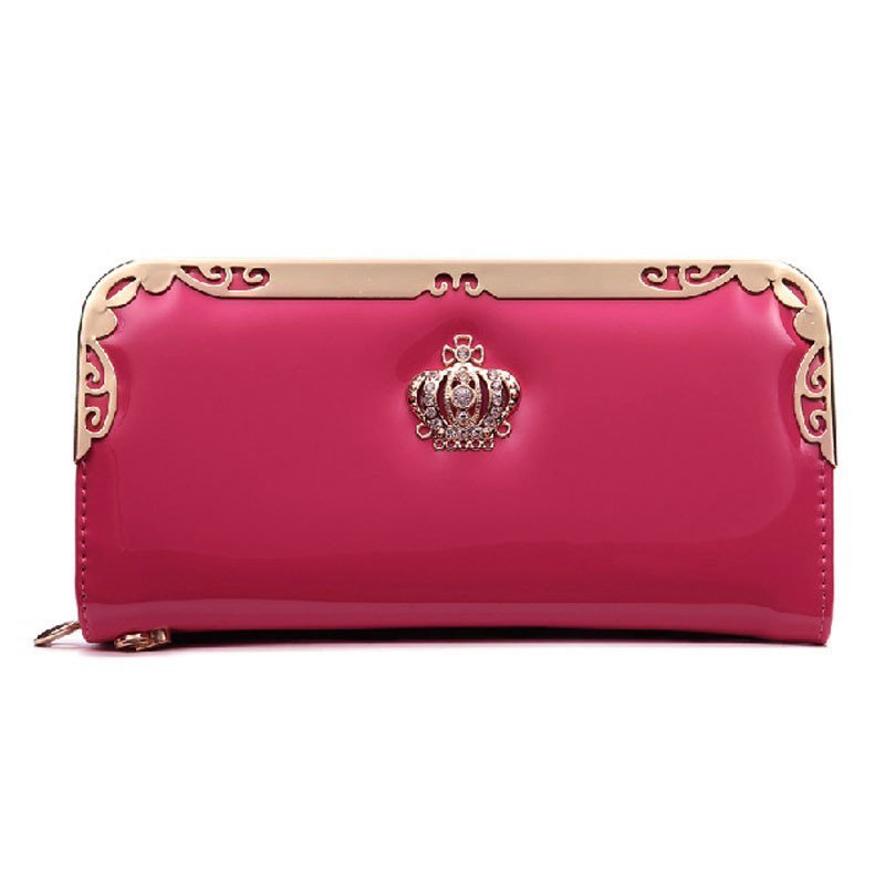 薇思黛 2016新款 韩版时尚亮皮皇冠钱包手包拉链包手拿包潮流大容量手机包 玫红色