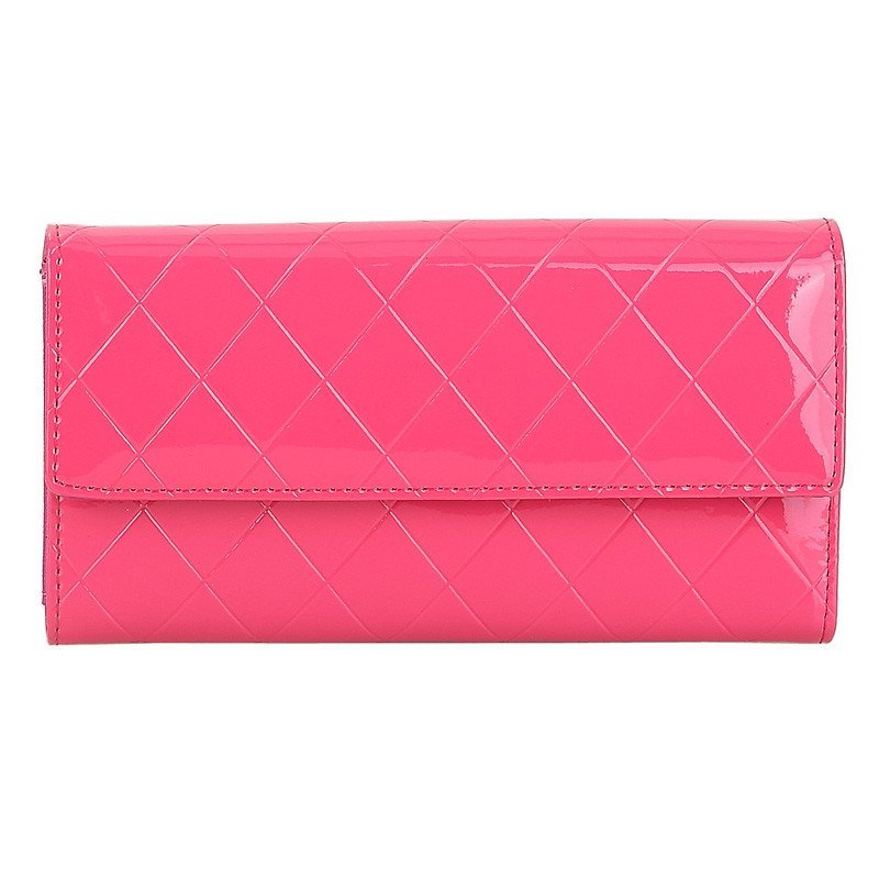 薇思黛 2016新款 漆皮钱包三折女士长款钱包漆皮菱格钱夹特价手拿包 玫红色