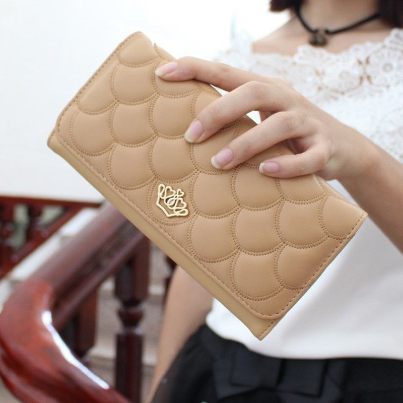 薇思黛2016新款 欧美女士钱包菱格长款票夹皇冠漆皮压花手拿女包 杏色