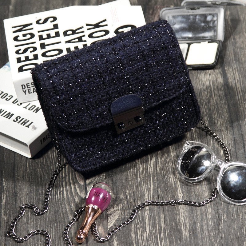 薇思黛 2016新款 韩版潮斜挎包呢子小方包小香链小条包单肩斜跨包女包 深蓝色大号