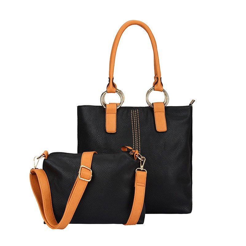 薇思黛 2016新款 欧美时尚水桶型子母包荔枝纹pu皮手提单肩斜跨包包女包 黑色