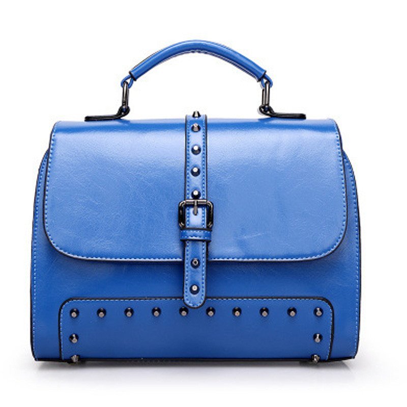 薇思黛 2016新款 欧美时尚潮流女包铆钉邮差包手提包油蜡皮单肩斜挎包 蓝色