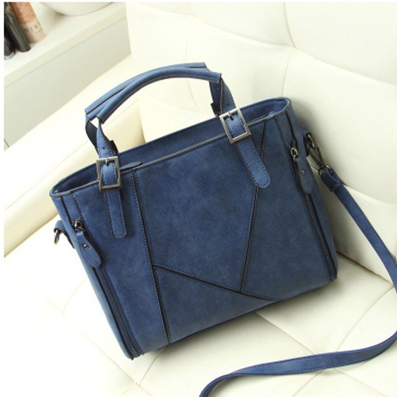 薇思黛 2016新款 欧美时尚拼接磨砂皮女包手提大包斜挎单肩包女包 蓝色