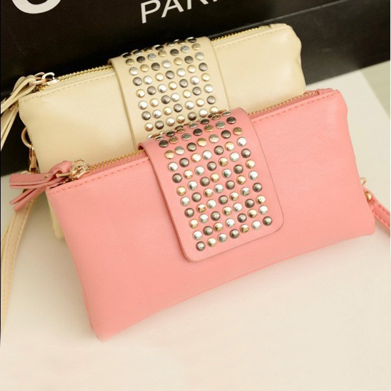 薇思黛 2016新款 欧美风范手拿包零钱包女包铆钉包 粉色