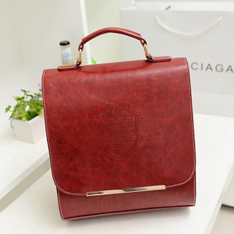 薇思黛2016新款 韩版时尚女包双肩包女单肩包斜挎包压花皇冠PU双肩包 酒红色