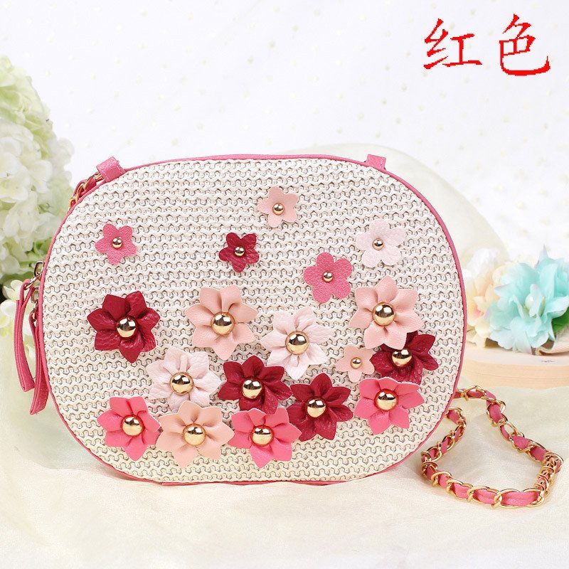 薇思黛2016新款草编包斜跨编织包小皮花沙滩包草包可爱淑女包藤包 红色
