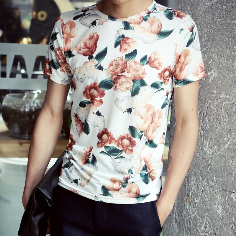 tuo)夏季男短袖潮花t恤男士碎花色体恤韩版花纹大码修身v领印花衣服男