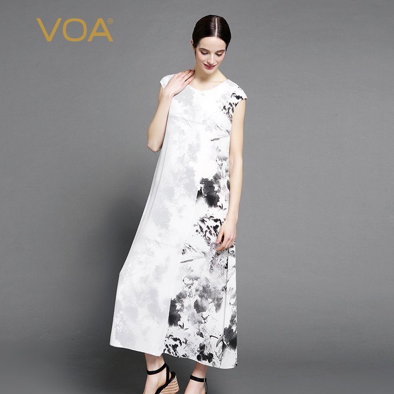 VOA 双层真丝水墨画清新白底印花女连衣裙 仙女裙女夏圆领 M 水墨江南(26)