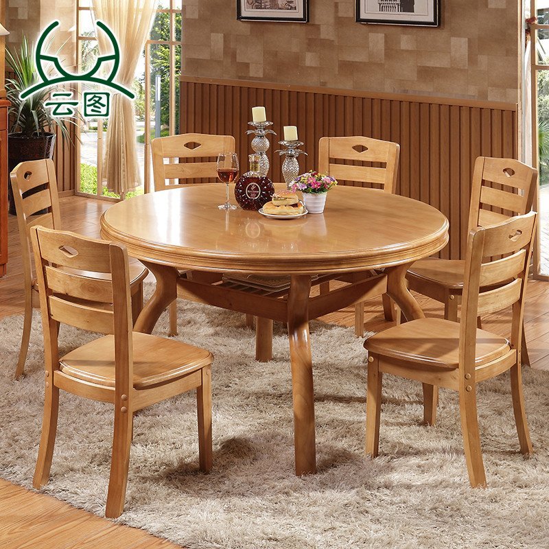 云图家具 实木餐桌橡木圆桌大圆形桌 实木椅组合 餐厅 饭桌 1.8M一桌六椅