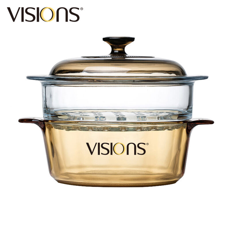 康宁(VISIONS)汤锅蒸格组合VS32+VSM24晶彩透明蒸锅玻璃3.25L汤锅+24CM蒸格2件锅具套装