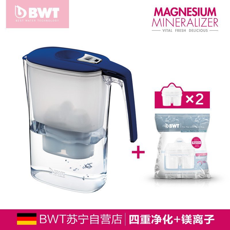 德国原装进口BWT净水壶滤水壶净水器家用直饮3.6升一壶两芯 蓝色