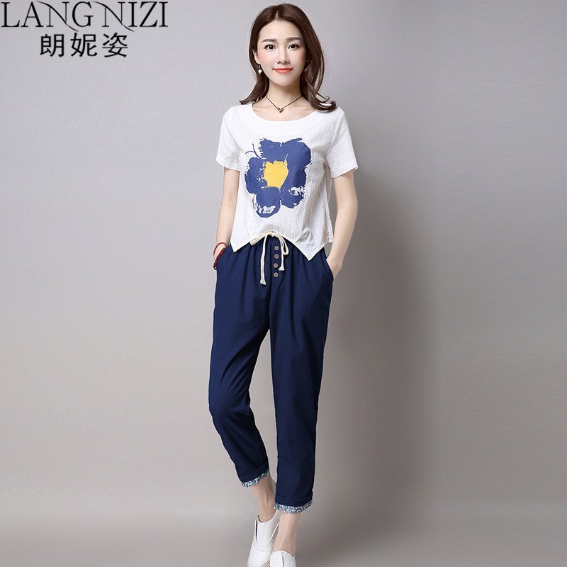 朗妮姿 2016夏季新款棉麻套装女短袖不规则t恤休闲哈伦裤两件套 9949 L 蓝色