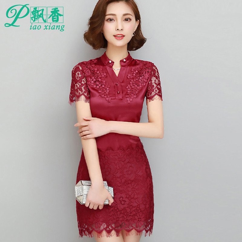 飘香2016夏季新款钩花镂空短袖蕾丝连衣裙V2478 XL 酒红色