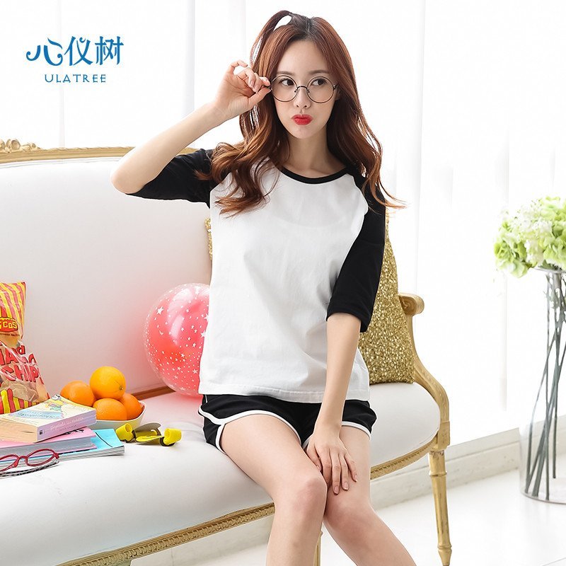 睡衣女夏季韩版纯棉少女睡衣休闲简约短裤纯色家居服套装 L码/165A SDM-9901#套装黑色