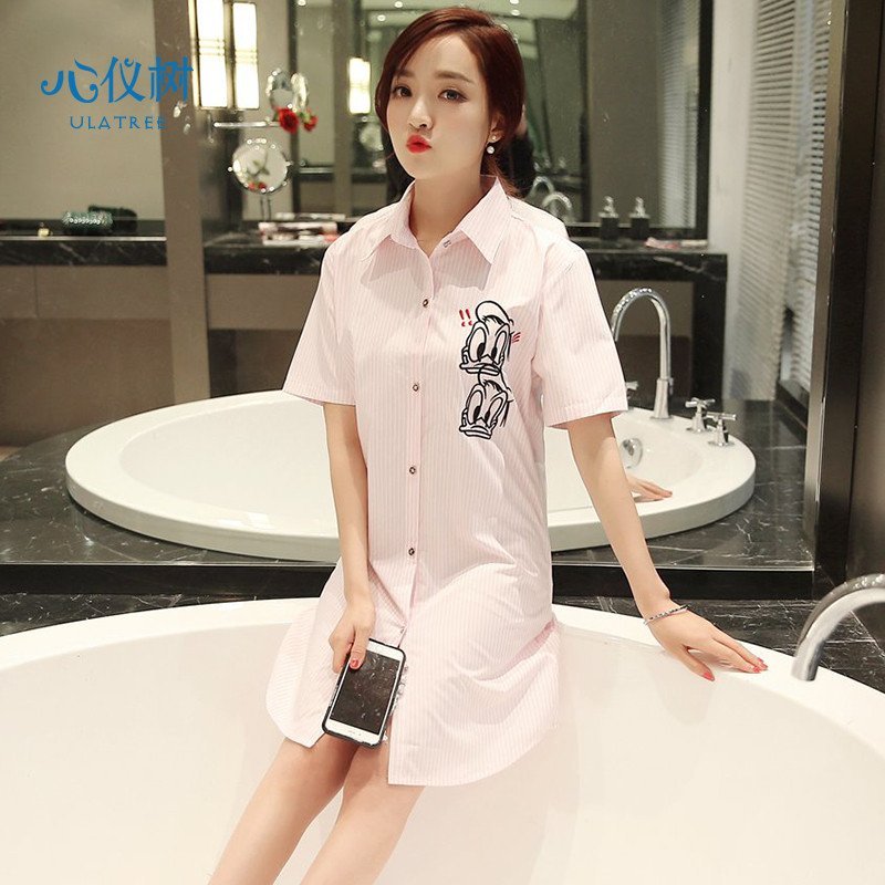 睡衣女夏季新品棉质睡裙休闲翻领卡通唐老鸭衬衫款家居服 L码/165A WH-1681#长款性感衬衫睡裙粉色