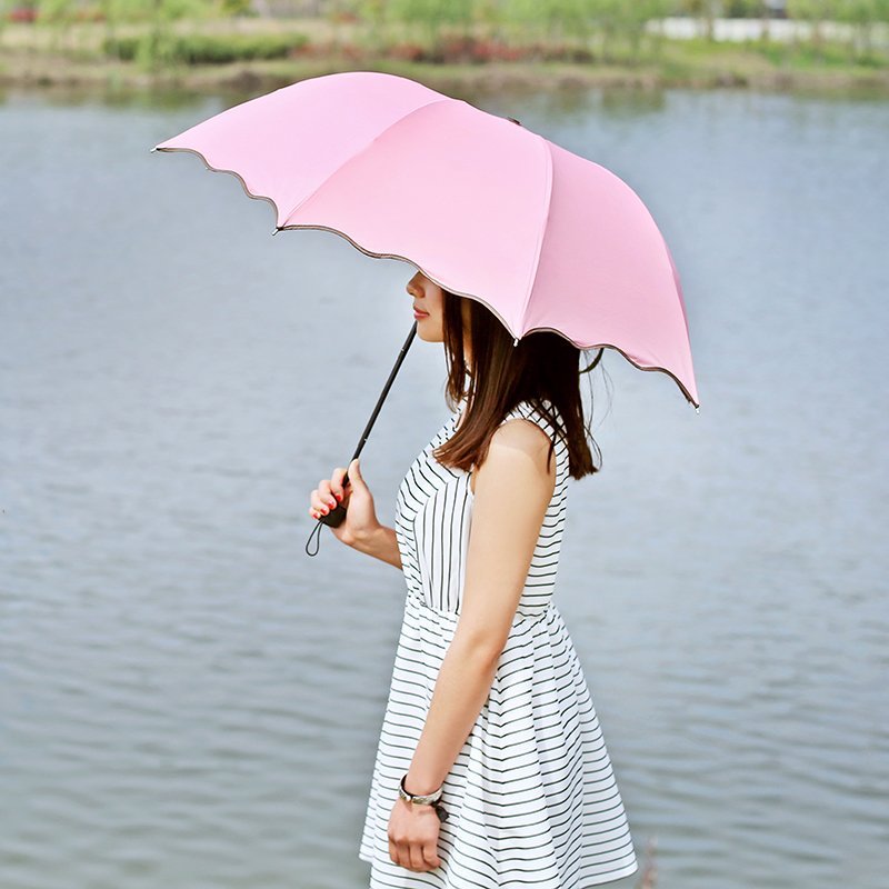 遇水开花雨伞防晒黑胶防紫外线晴雨两用三折叠太阳伞女士遮阳伞 玫红