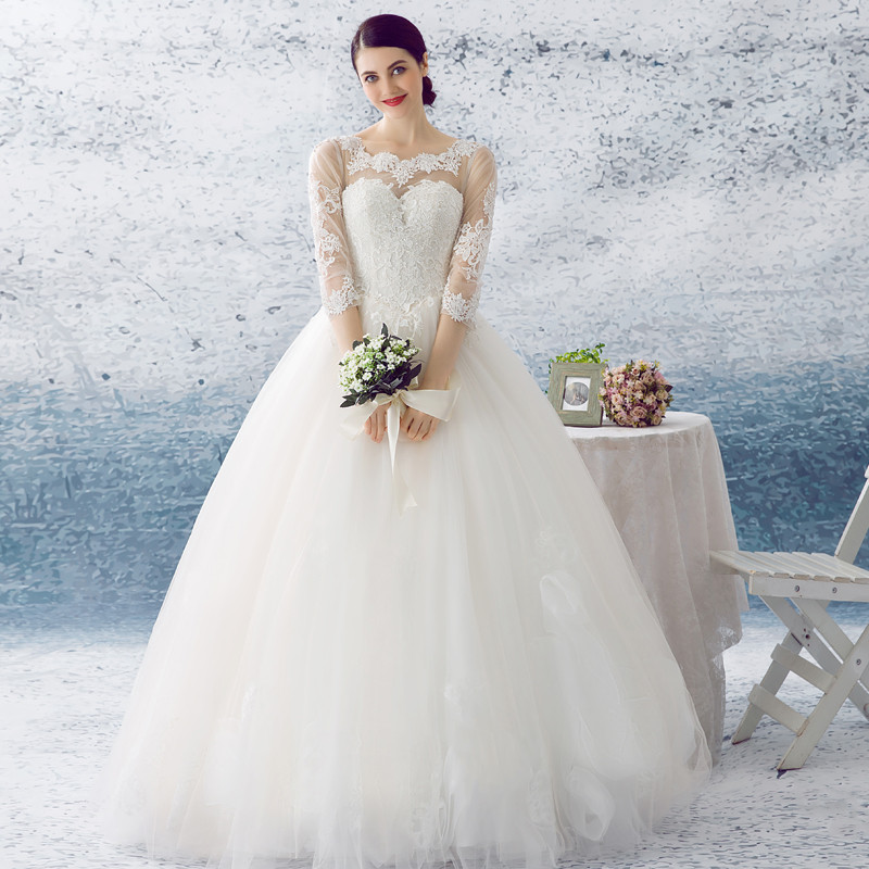 婚纱礼服2016年新款立领蓬蓬裙婚纱齐地宫廷风白色缎面绑带款婚纱定制 M 白色